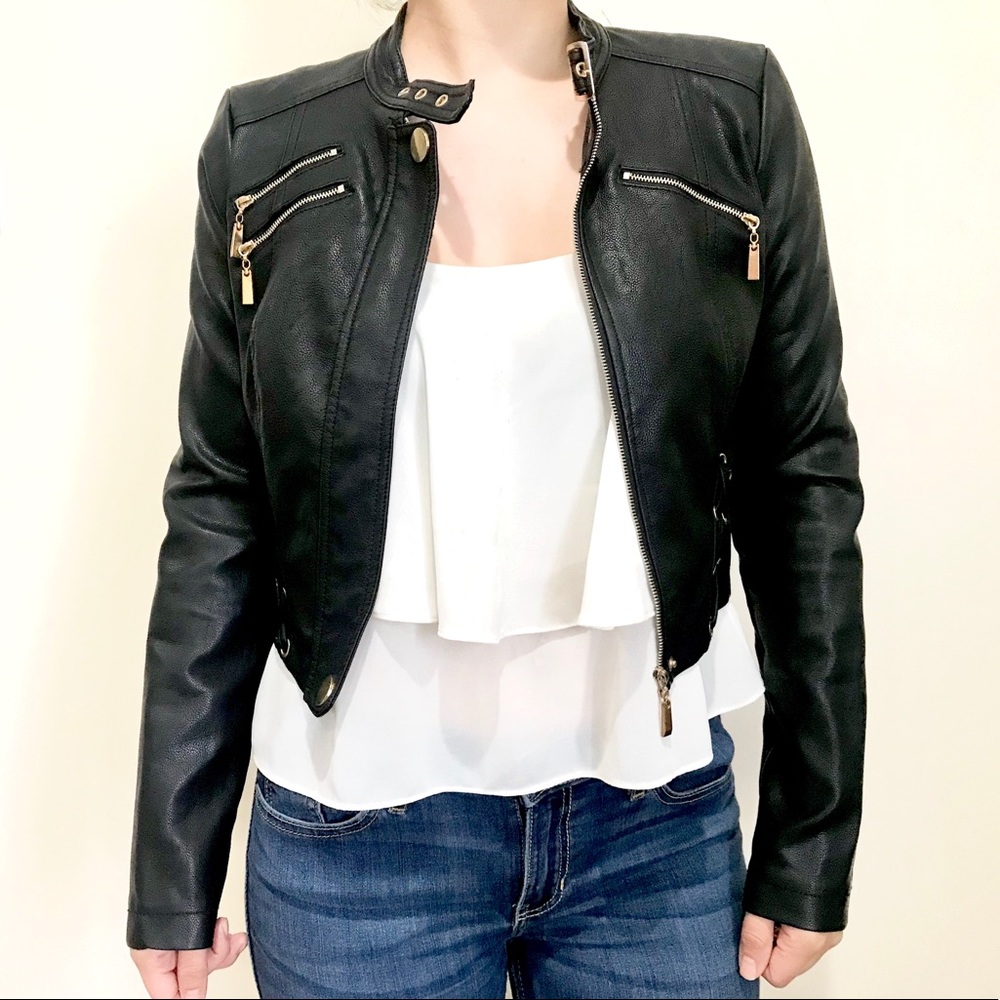 Leather Biker Jacket with Gold Accents